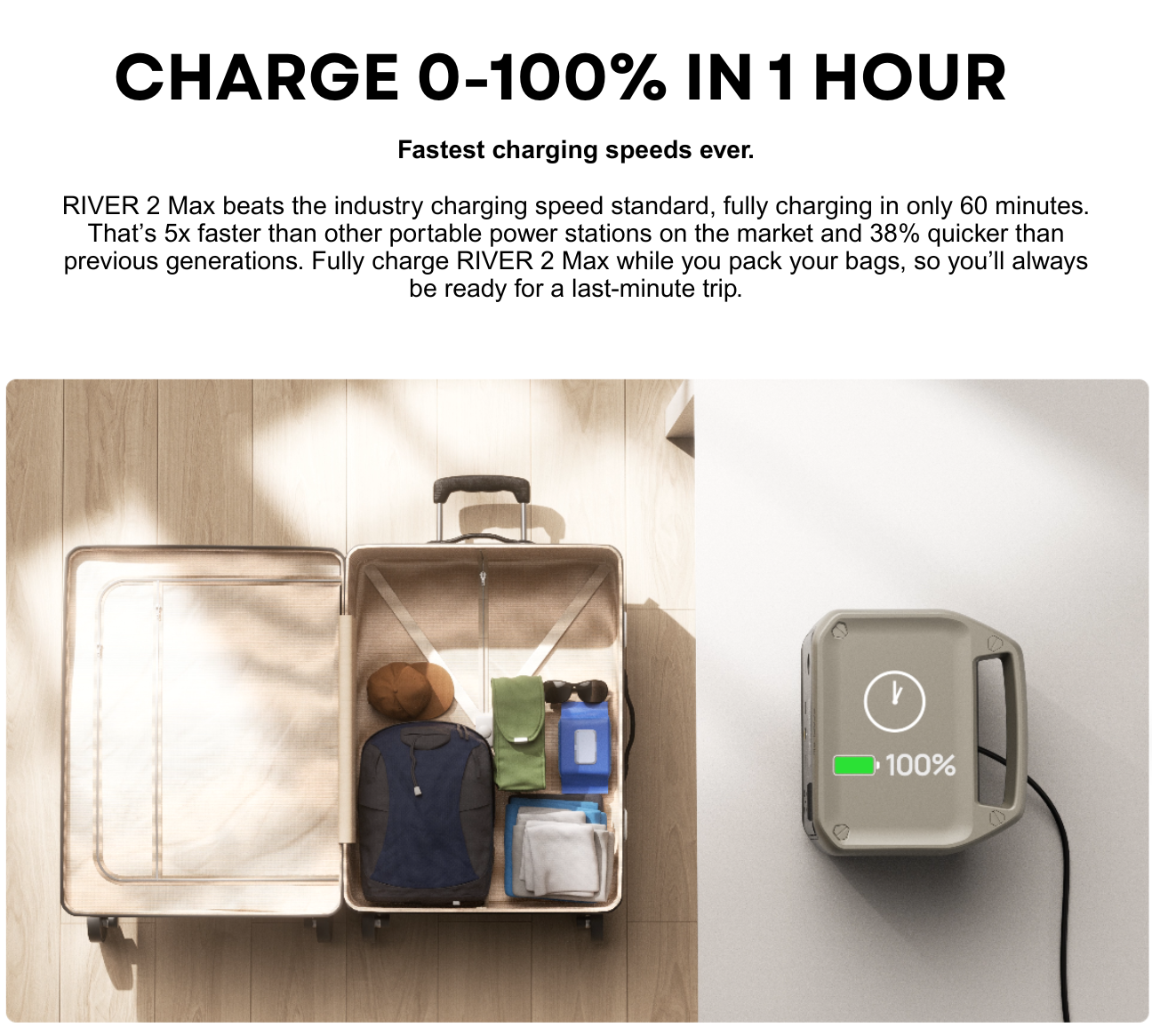 VMIDirect portable power station charging quickly to 100 percent in one hour for travel convenience