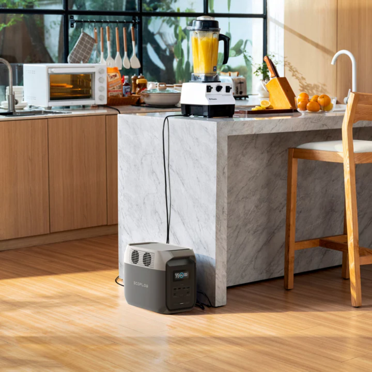 VMIDirect portable power station on a kitchen floor, powering appliances and appliances