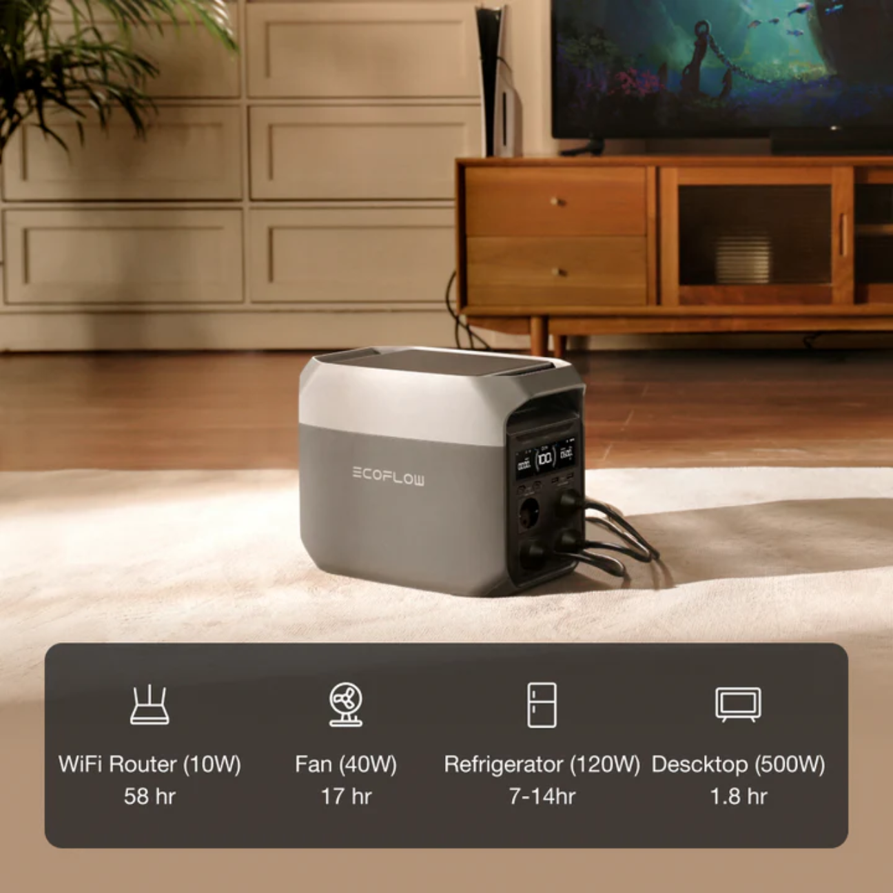 VMIDirect portable power station powering a WiFi router, fan, refrigerator, and desktop in a modern living room