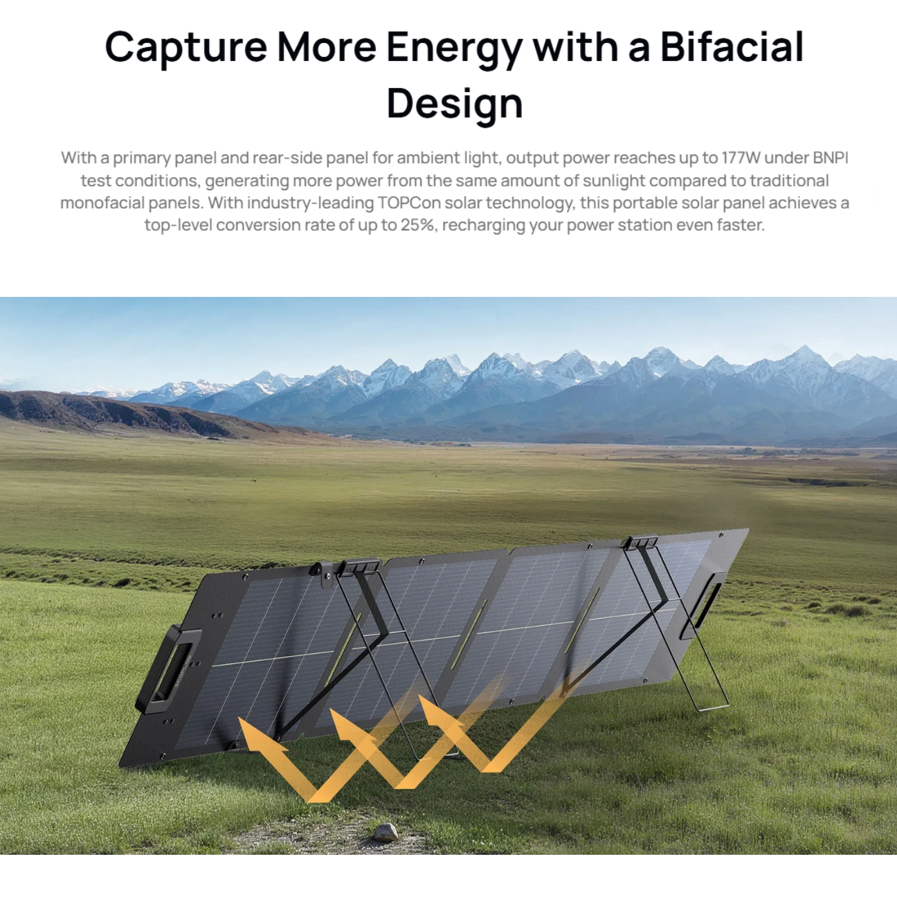VMIDirect portable solar panel designed for high energy capture with a bifacial design for fast recharging