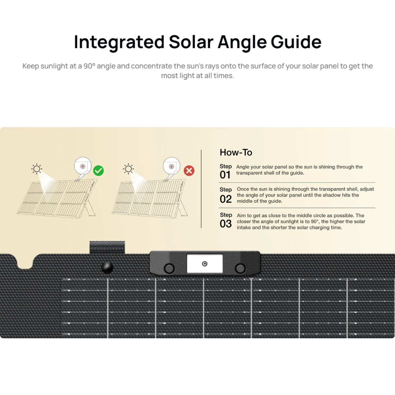 Integrated solar angle guide for VMIDirect portable solar panel with instructional steps for optimal sunlight exposure.