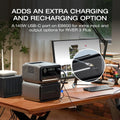Ecoflow River 3 Max Plus Portable Power Station with USB-C charging port on desk next to computer and accessories