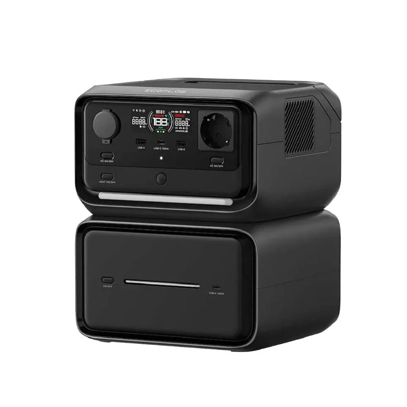 Ecoflow River 3 Max Plus Portable Power Station in black with digital display and multiple outlet ports