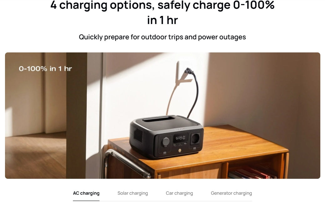 EcoFlow RIVER 3 portable power station on wooden table charging with AC power for outdoor trips and outages
