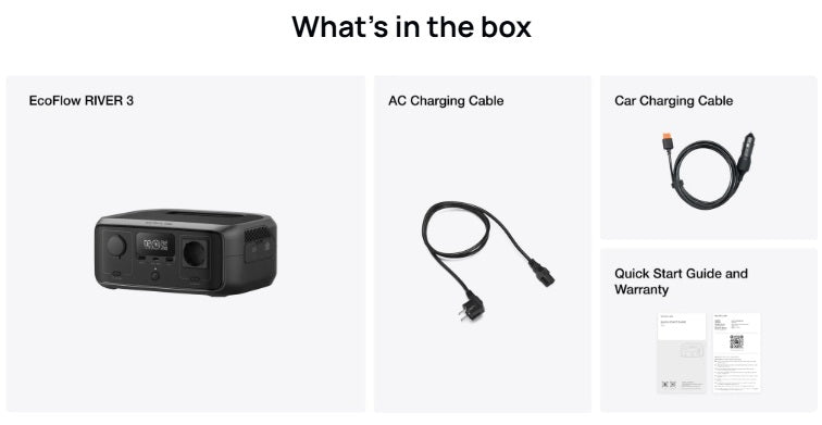 EcoFlow RIVER 3 portable power station with AC charging cable, car charging cable, and quick start guide