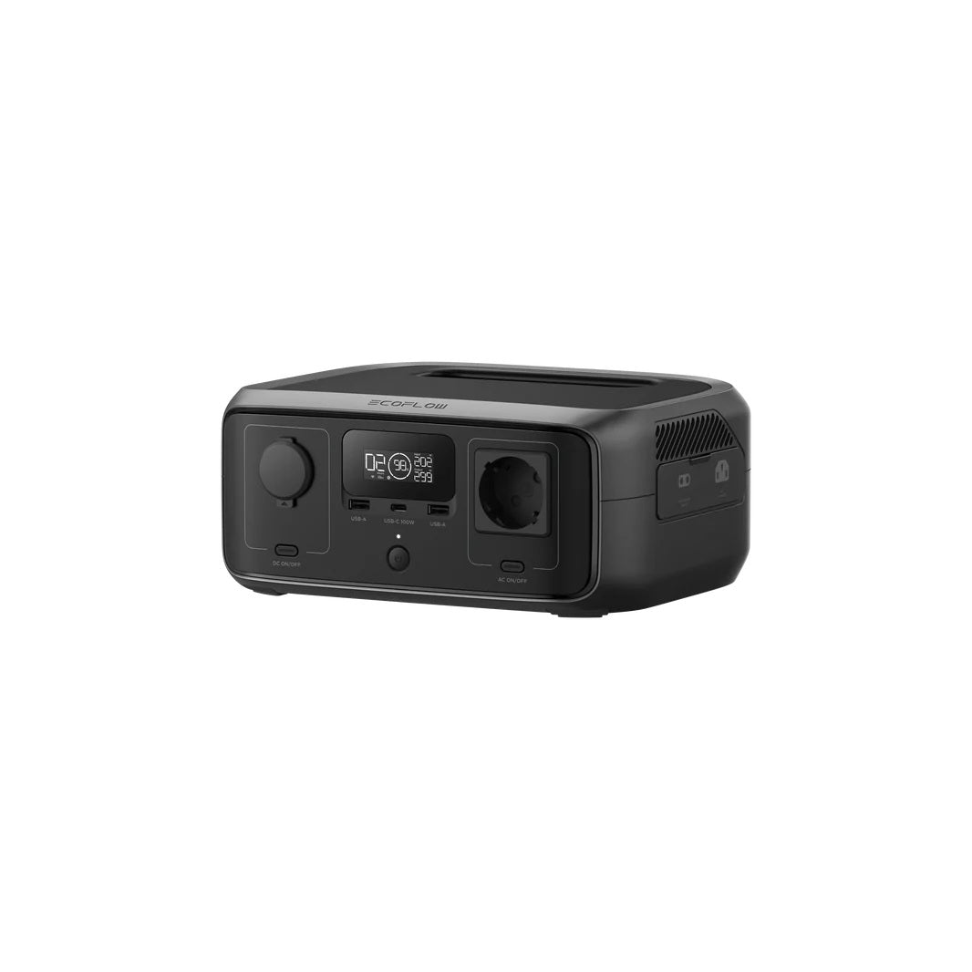 Compact black EcoFlow RIVER 3 portable power station with digital display and multiple output ports