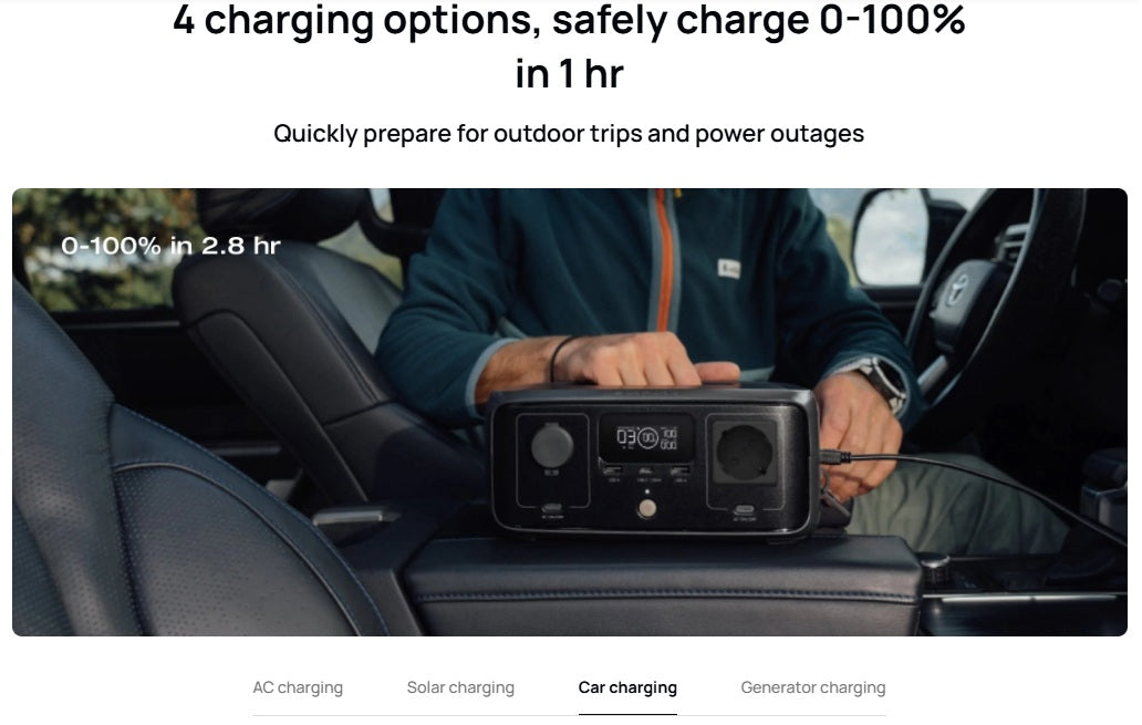 EcoFlow RIVER 3 portable power station charging inside a car on the center console for outdoor trips