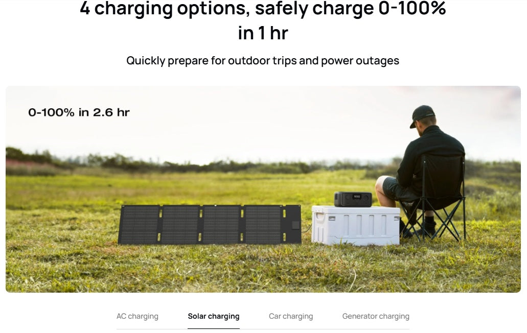 EcoFlow RIVER 3 portable power station charging with solar panels outdoors by a seated man