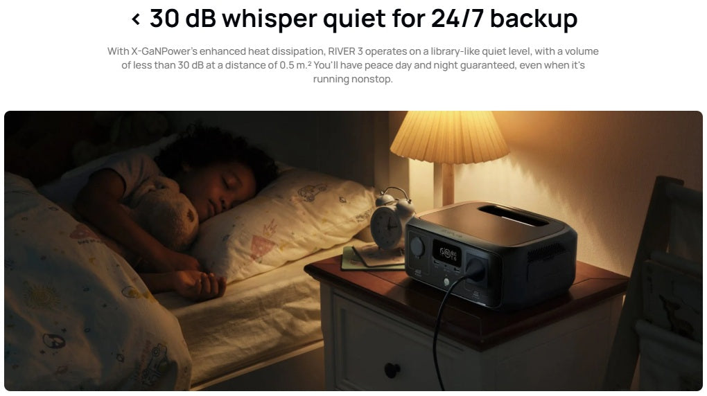 EcoFlow RIVER 3 portable power station operating quietly on nightstand beside sleeping child
