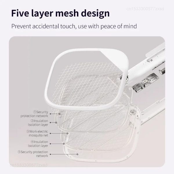 Electric Mosquito Swatter Racket featuring a five layer mesh design for safe use and prevention of accidental touches