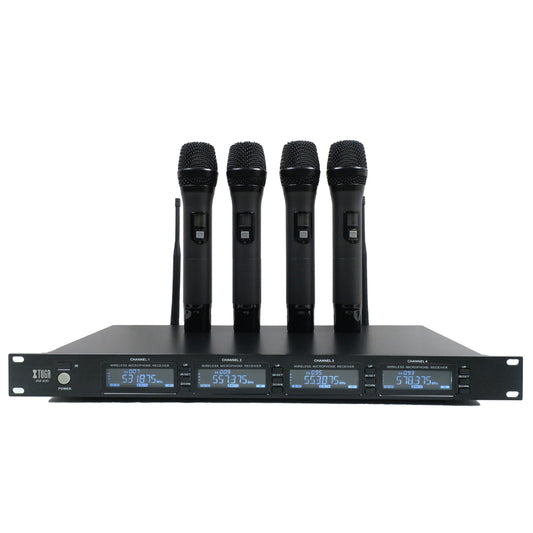 XTUGA SKM4000PLUS/XM400 4x100 Channel UHF Wireless Handheld Microphone System with Selectable Frequencies Prevent Interference Use for Family Party Church Small Karaoke Night Stage Performance connected to Stereo Amplifier Mixers Laptop Speaker PS system