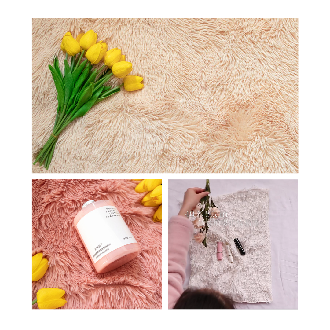 Faux Fur Makeup Prop Mat in Soft Texture with Yellow Tulips and Beauty Products for Photography