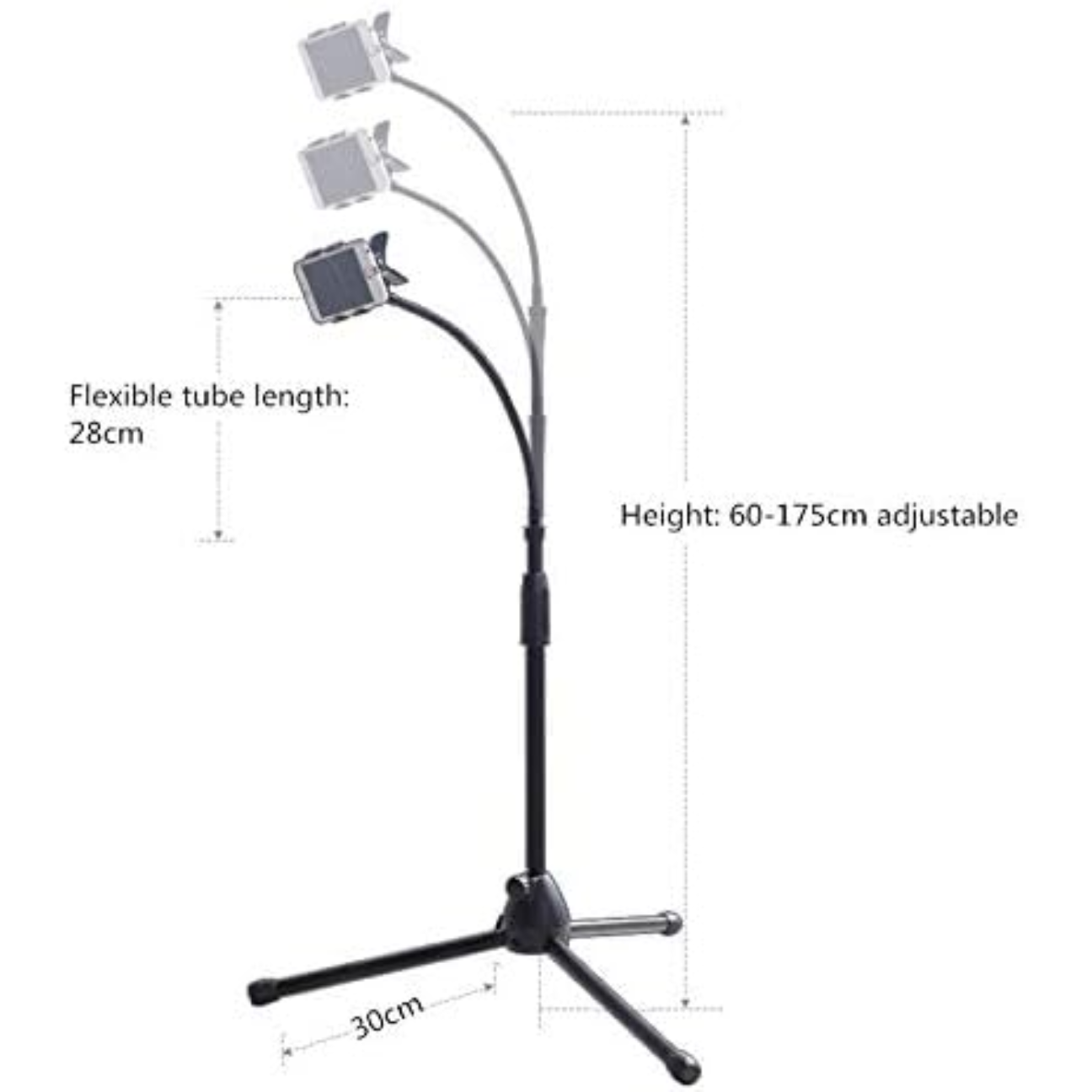 VMIDirect Floor Tripod Cellphone Stand with adjustable height from 60 to 175 cm and flexible tubes