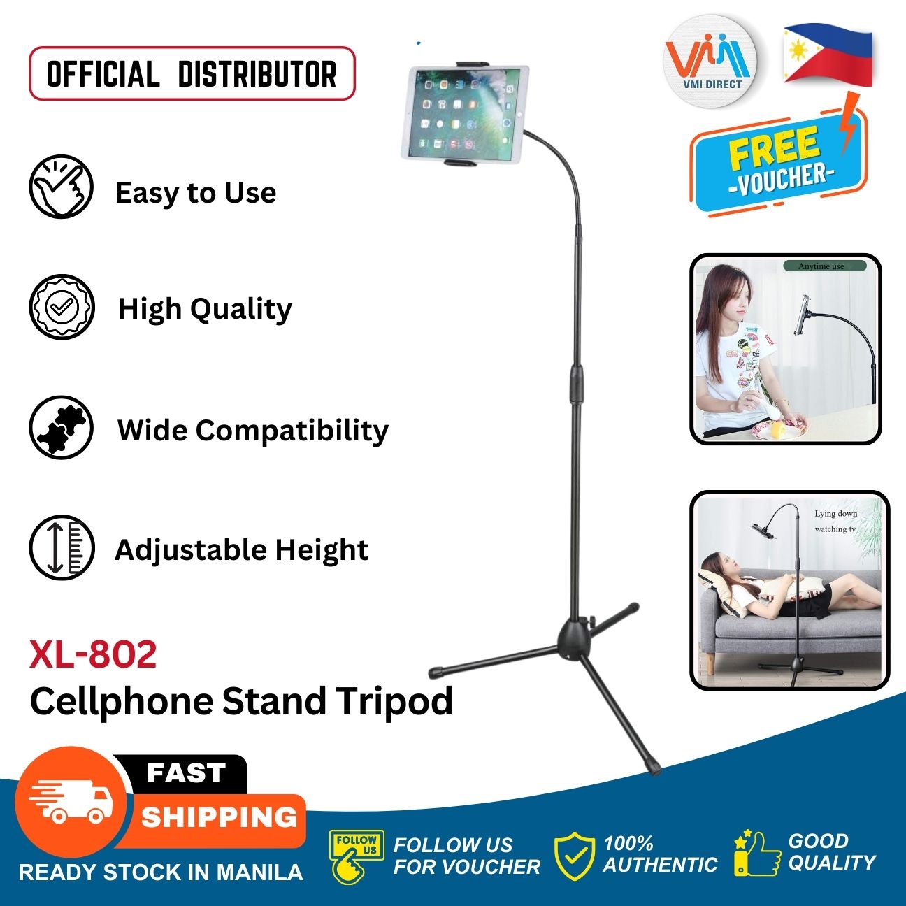 VMIDirect Floor Tripod Cellphone Stand with adjustable height and wide compatibility for easy use