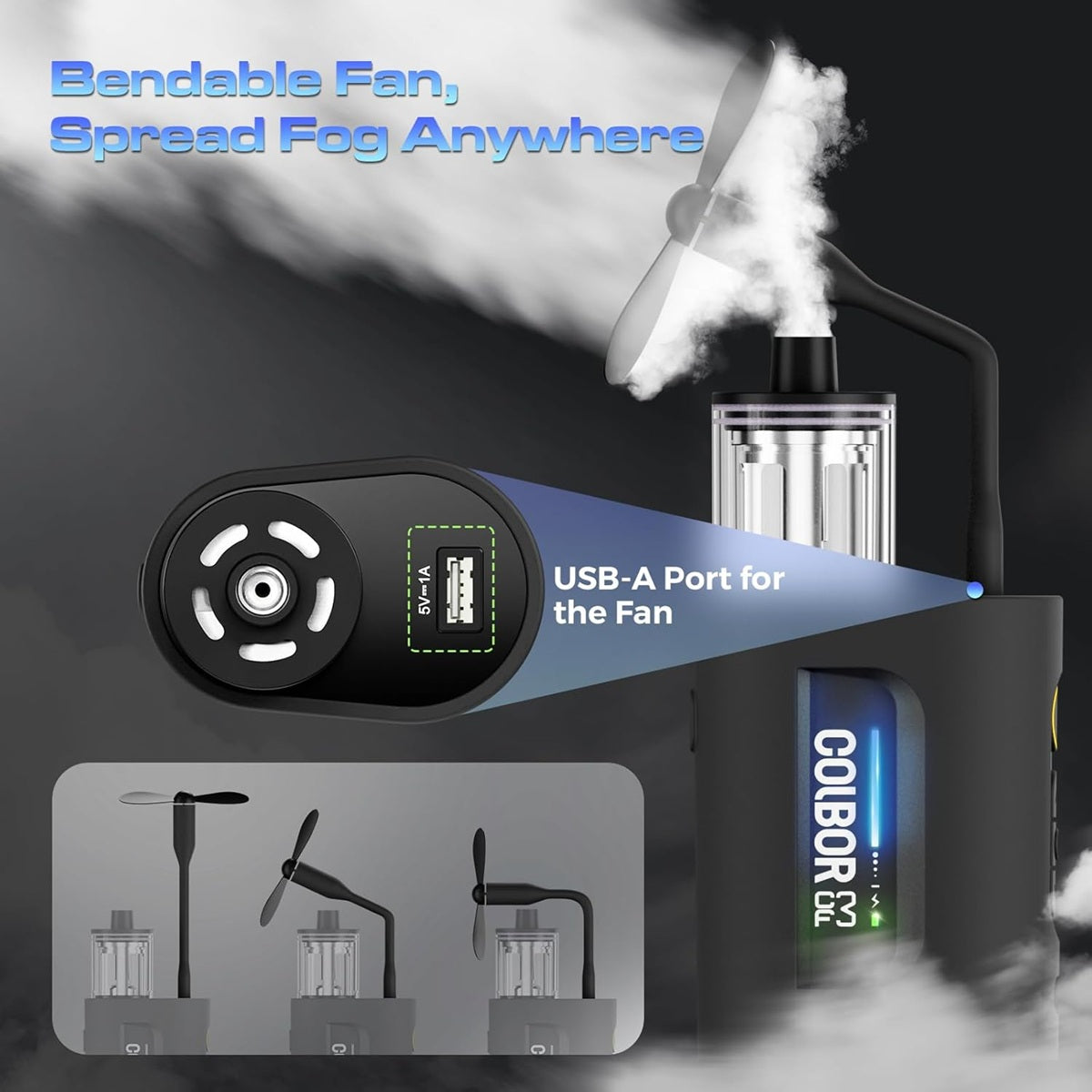 Fog machine smoke machine with a bendable fan and USB-A port for flexible fog dispersion
