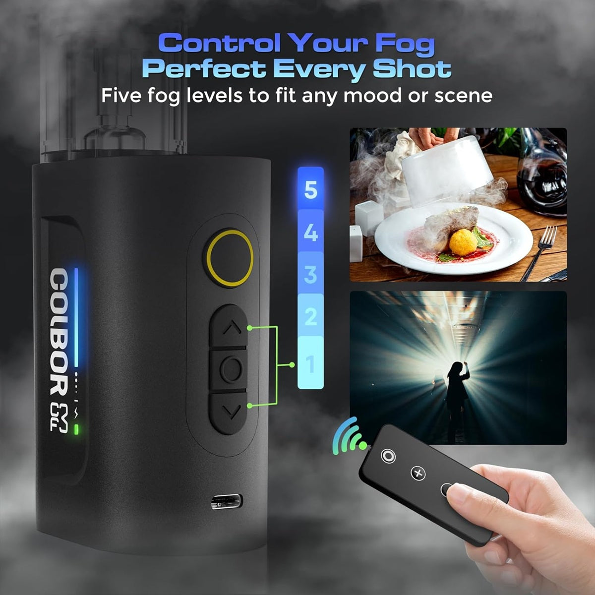Fog machine smoke machine with adjustable fog levels and remote control for versatile use