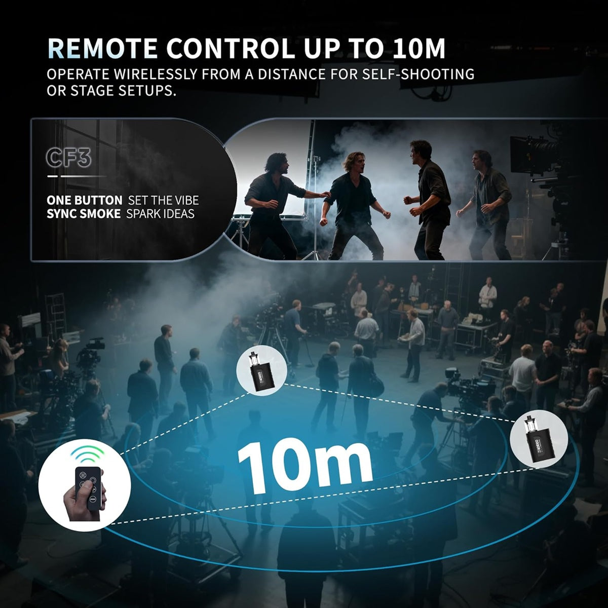 Fog machine smoke machine with remote control feature for stage setups and self-shooting up to 10 meters