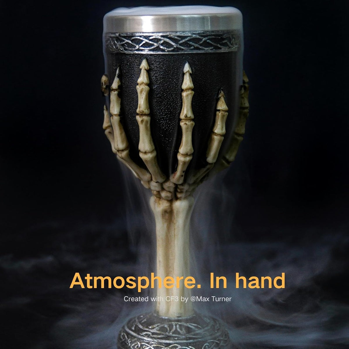Halloween-themed goblet with skeleton hand design surrounded by fog from fog machine smoke machine