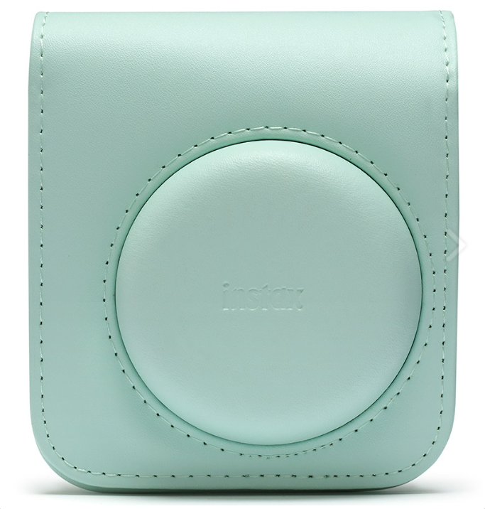 Stylish mint green leather bag for FUJIFILM Instax Mini 11 Mini 12 with circular design feature