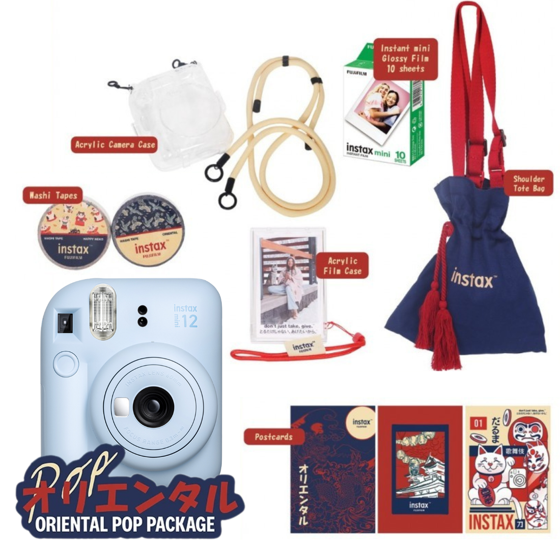 Fujifilm Instax Mini 12 Oriental Pop bundle including camera, film, case, and accessories