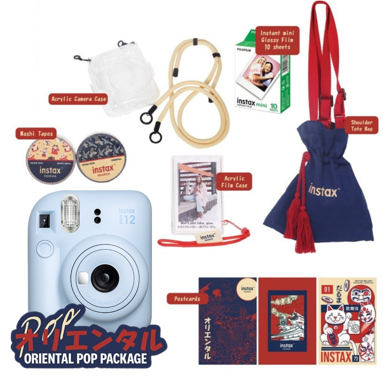 Fujifilm Instax Mini 12 Oriental Pop bundle with camera, accessories, and film for instant photography