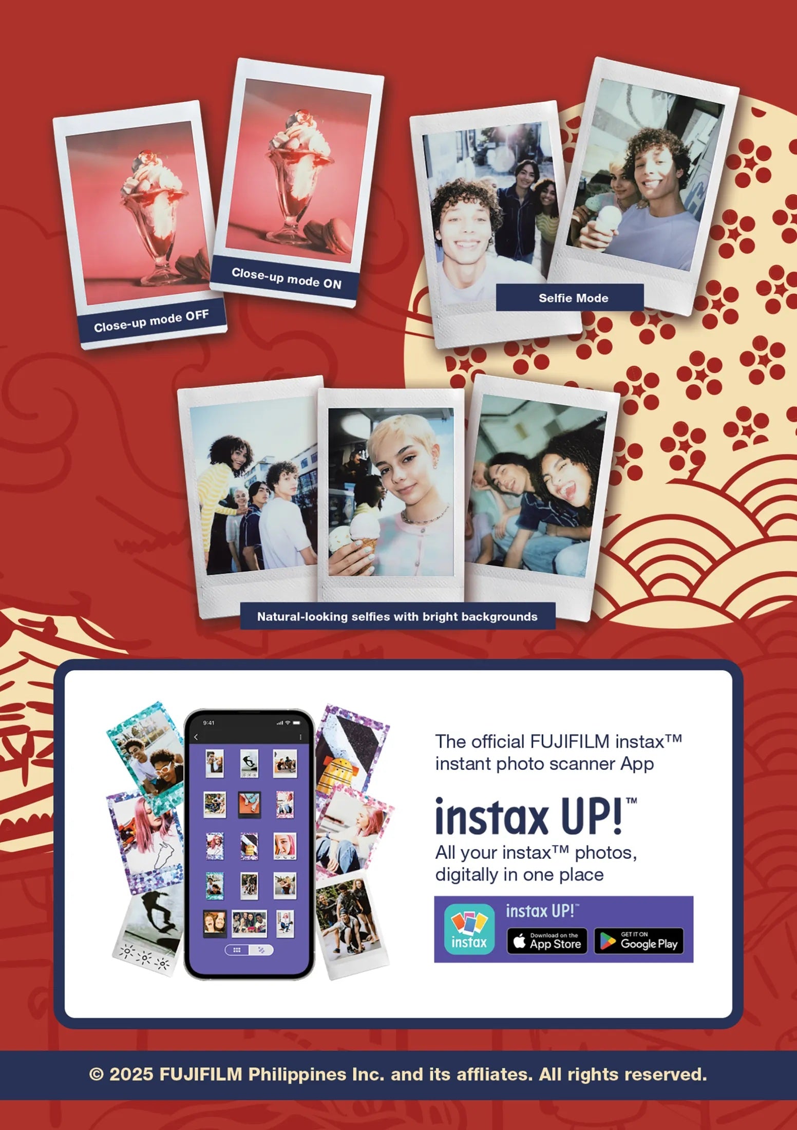 Fujifilm Instax Mini 12 Oriental Pop bundle showcasing photo examples and selfie mode features