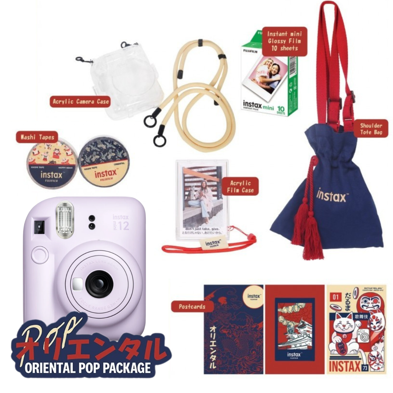 Fujifilm Instax Mini 12 Oriental Pop bundle with camera, accessories, film, and tote bag for instant photography