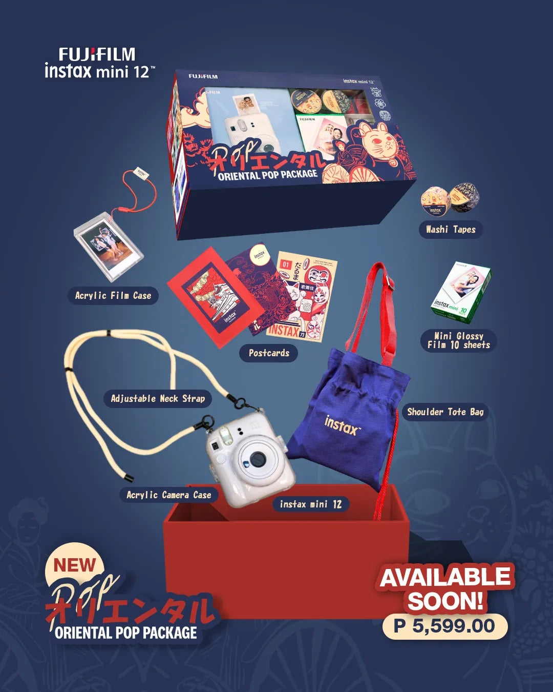 Fujifilm Instax Mini 12 Oriental Pop bundle with camera, accessories, and tote bag for photography enthusiasts