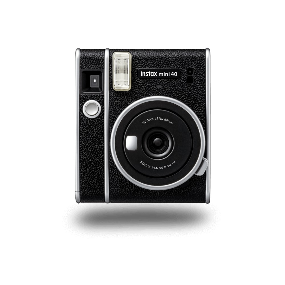 FUJIFILM Instax Mini 40 Instant Film Camera in sleek black design with focus lens and flash