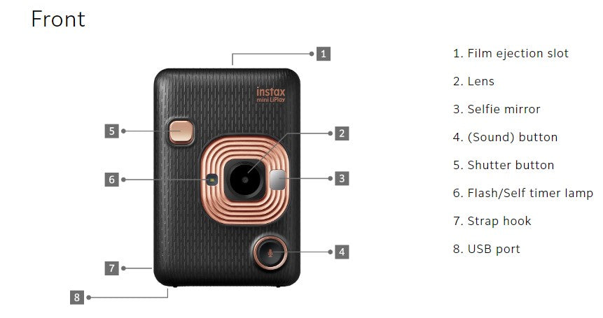 FUJIFILM INSTAX Mini LiPlay compact film camera with a lens, flash, and selfie mirror features