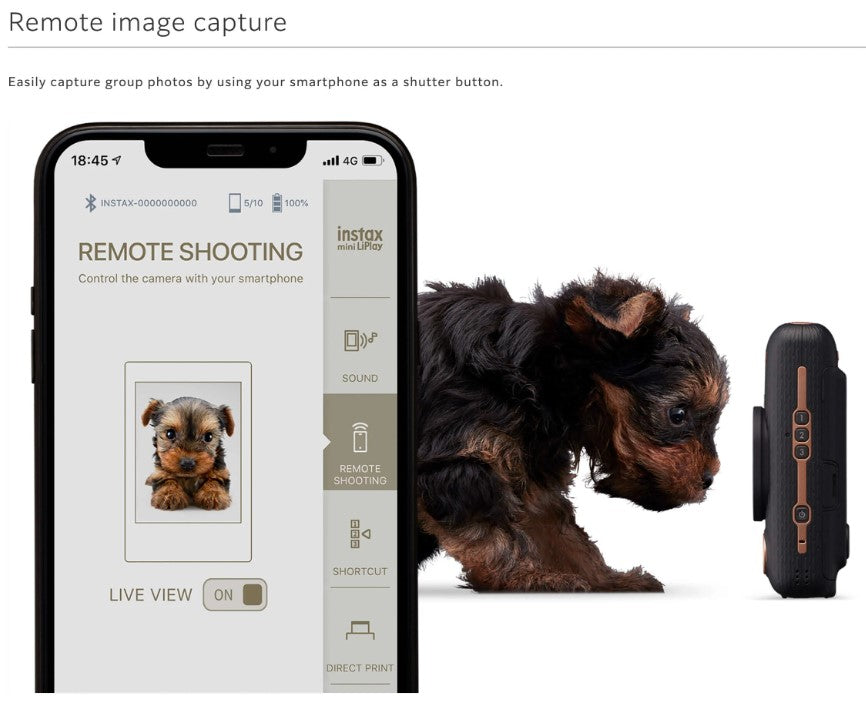 FUJIFILM INSTAX Mini LiPlay camera display with remote shooting feature and pet in view