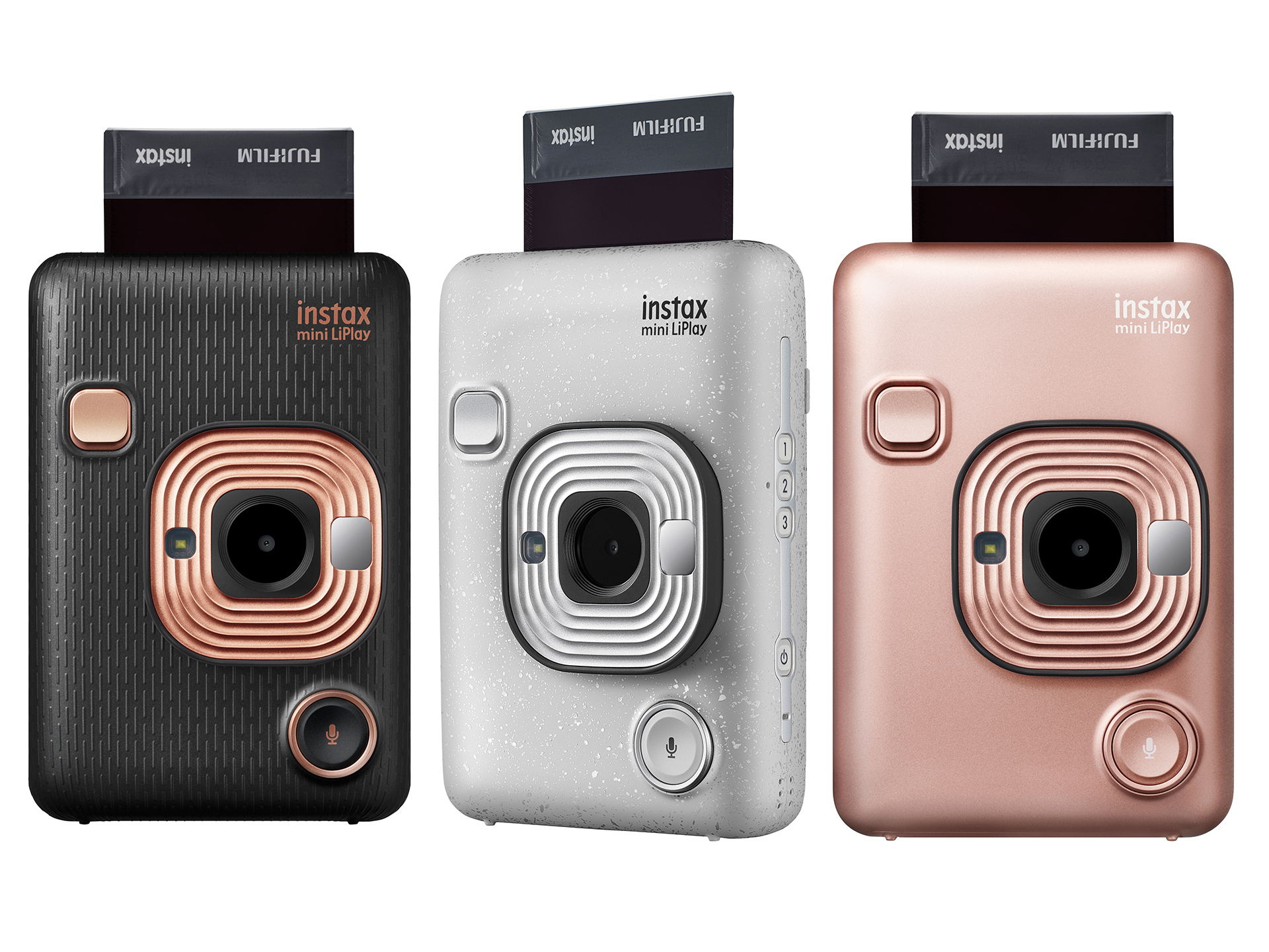 FUJIFILM INSTAX Mini LiPlay Instant Camera in Black, Silver, and Rose Gold with Print Feature