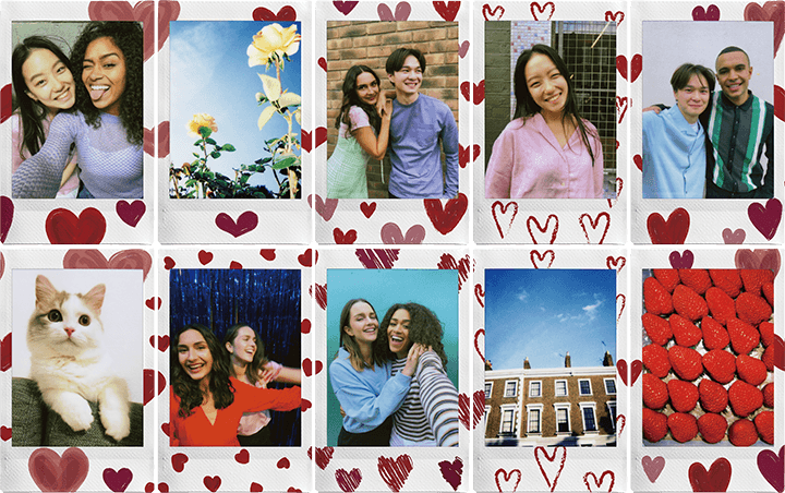 Collection of photos taken with a Fujifilm Instax Mini, featuring friends, nature, and pets