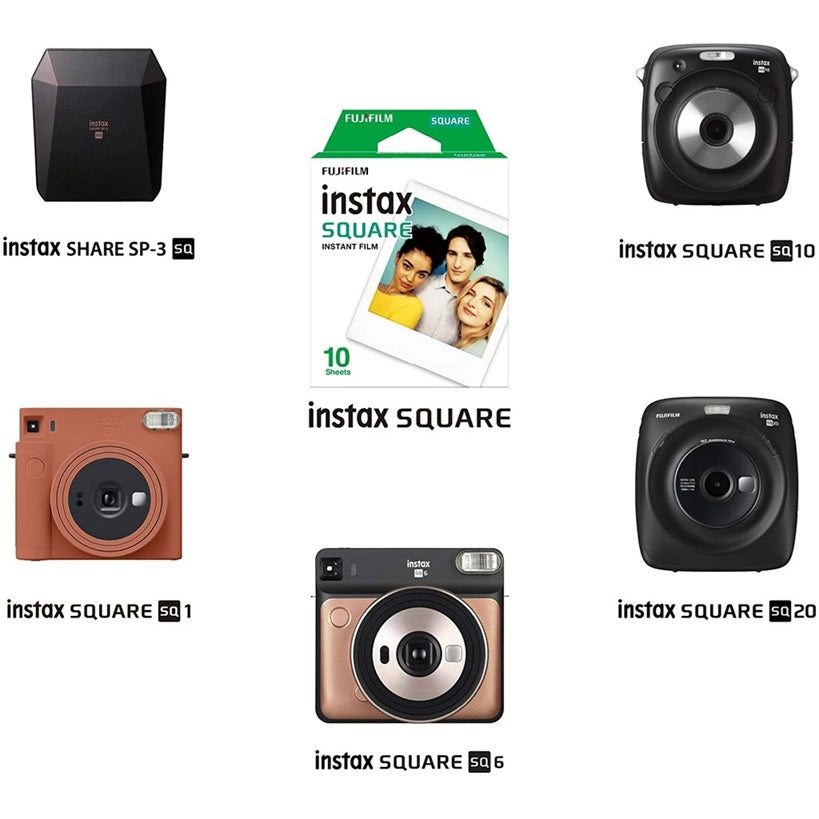 Fujifilm Instax Square Glossy Film 20 Sheets showcased with various Instax cameras in a creative layout
