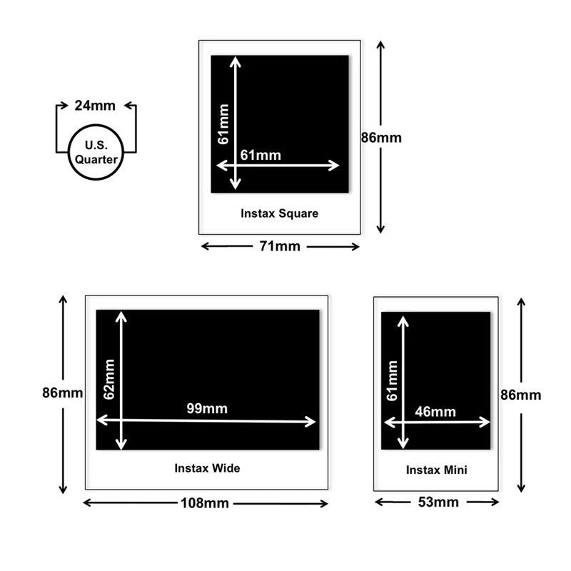 Fujifilm Instax Square Glossy Film 20 Sheets with size dimensions and comparison to Instax Wide and Mini