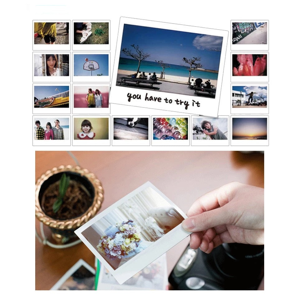 Fujifilm Instax Wide Glossy Film 10 20 Sheets with vibrant photo samples displayed on a table