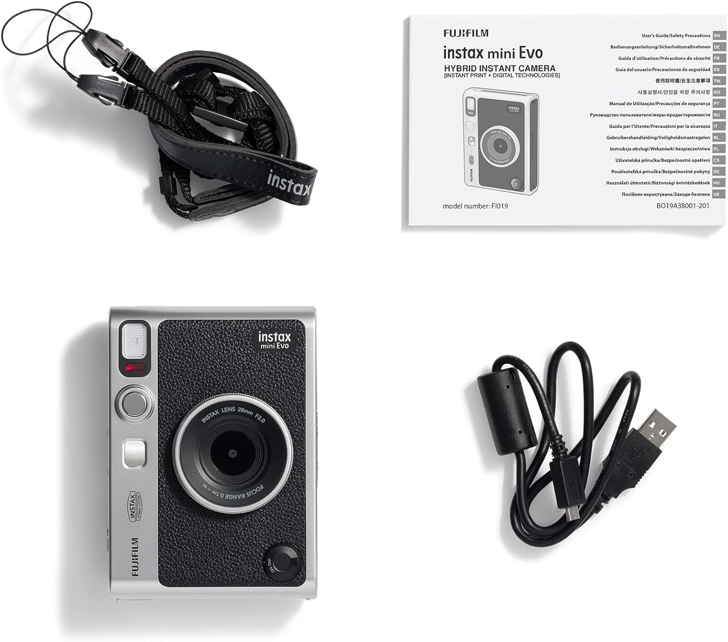 VMIDirect Mini Evo Hybrid Instant Film Camera with accessories including strap, manual, and USB cable