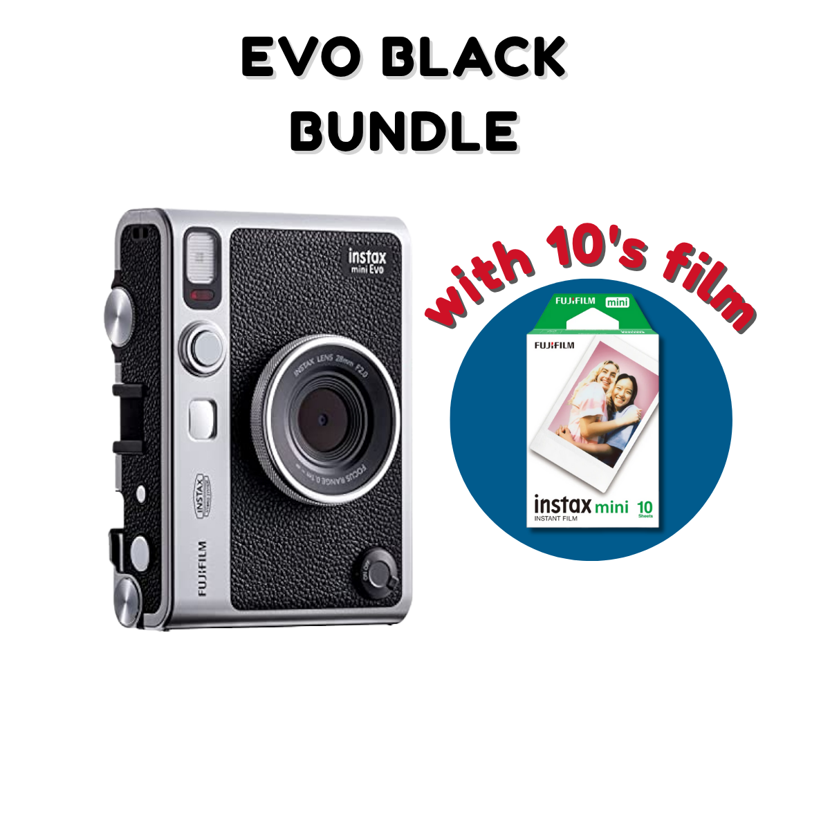 Mini Evo Hybrid Instant Film Camera in black bundle with 10 film included for instant photography