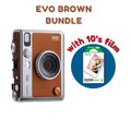 Mini Evo Hybrid Instant Film Camera in brown, including a bundle with 10 sheets of film for instant photos