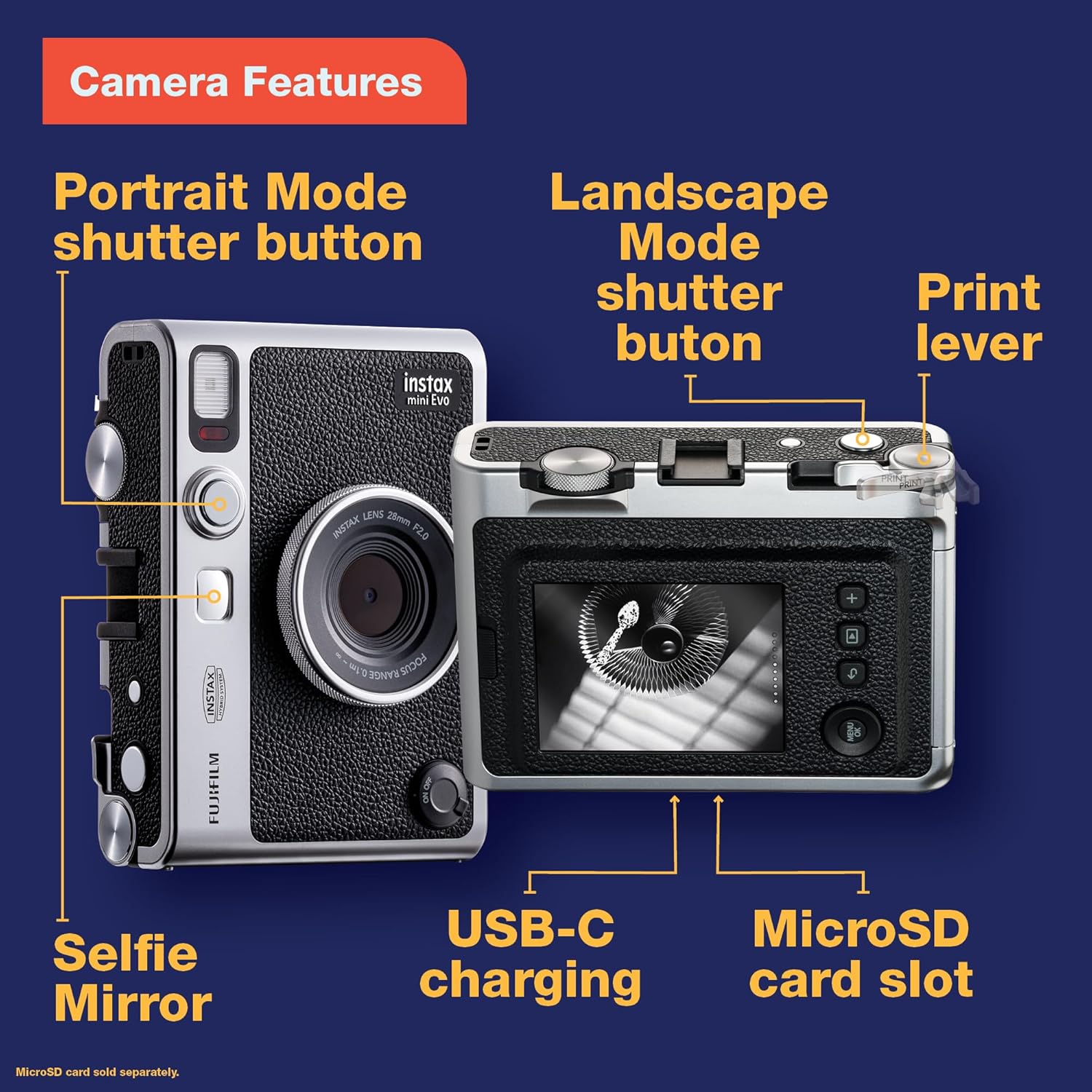 Mini Evo Hybrid Instant Film Camera features including USB-C charging and portrait mode shutter button