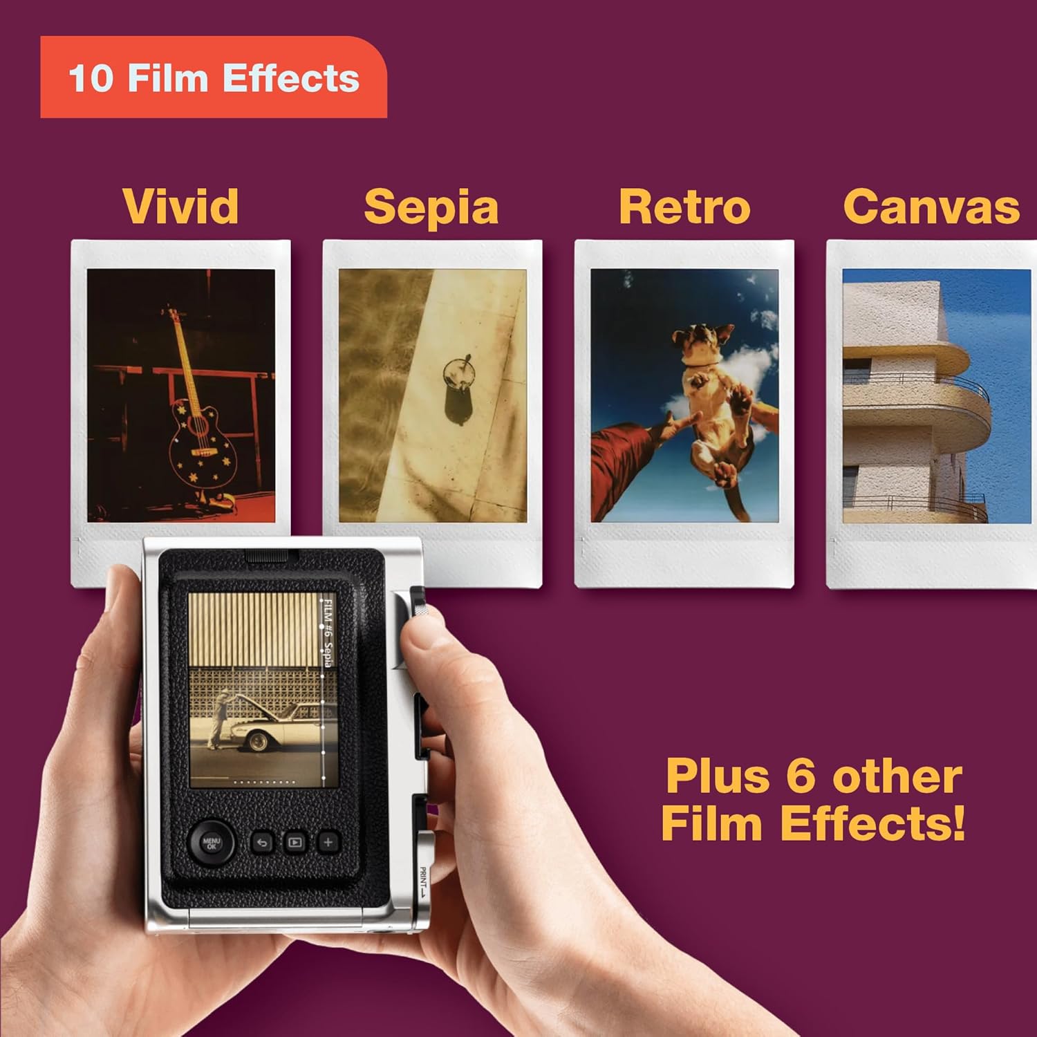 VMIDirect Mini Evo Hybrid Instant Film Camera showcasing 10 unique film effects including Vivid and Sepia