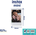 Mini Evo Hybrid Instant Film Camera showcasing a sample photo with dimensions and film options