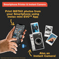Mini Evo Hybrid Instant Film Camera showcased with smartphone printing feature for easy photo sharing