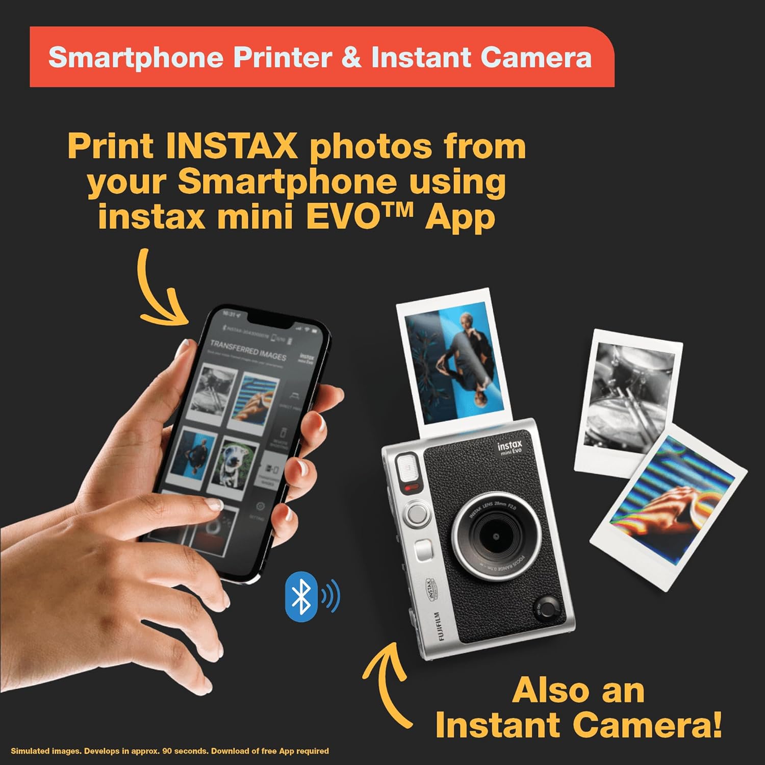 Mini Evo Hybrid Instant Film Camera showcased with smartphone printing feature for easy photo sharing