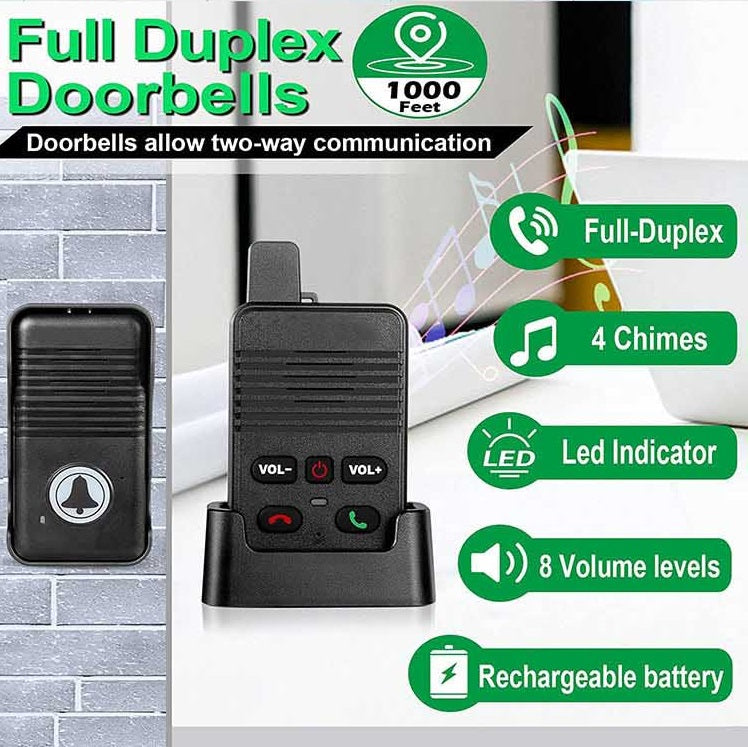 Full Duplex Intercom Doorbell with two-way communication 1000 feet range and rechargeable battery