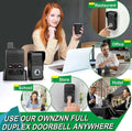 Full Duplex Intercom Doorbell shown in various settings like restaurant, office, school, store, and hotel