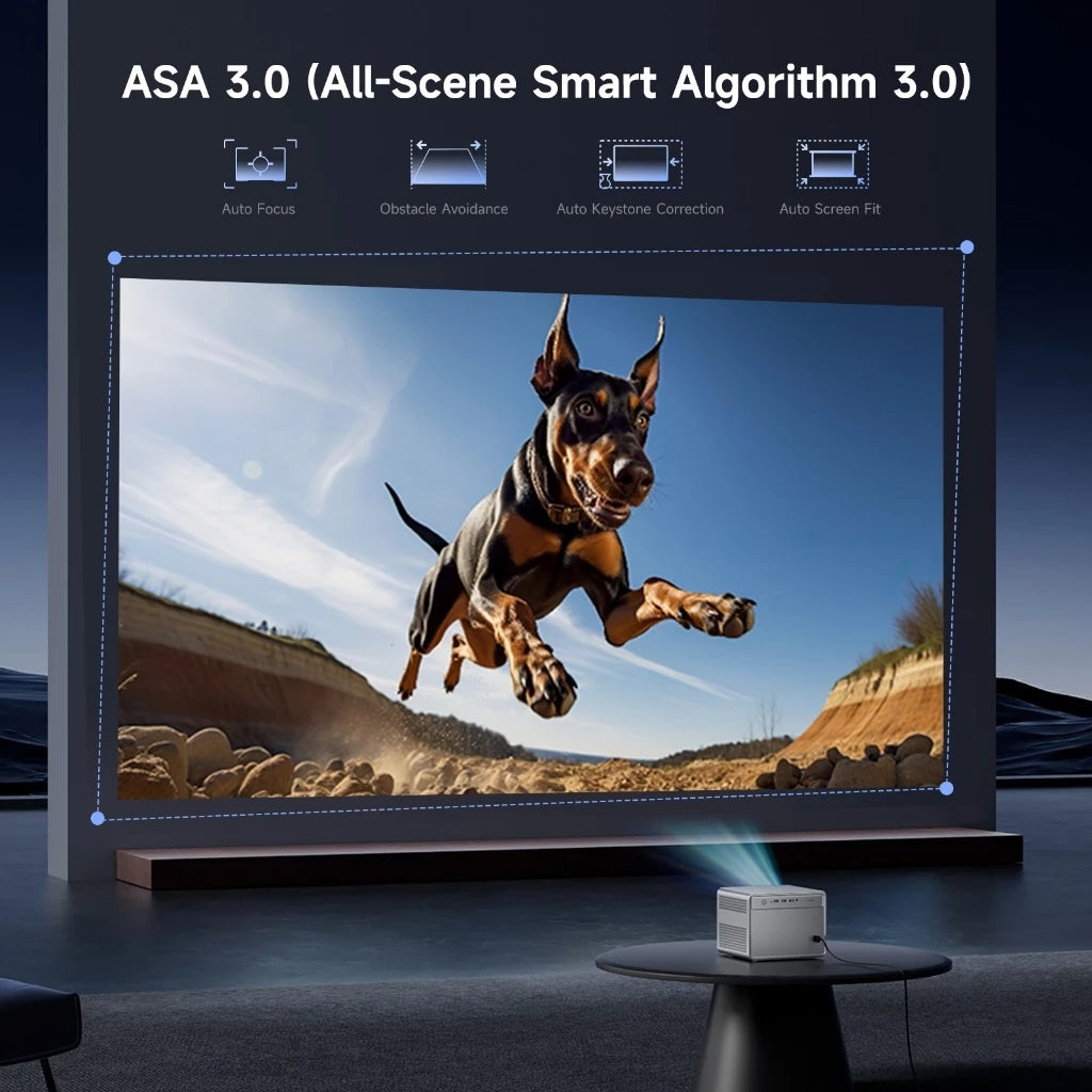 4K smart home projector displaying a high-resolution image of a dog jumping on a large screen