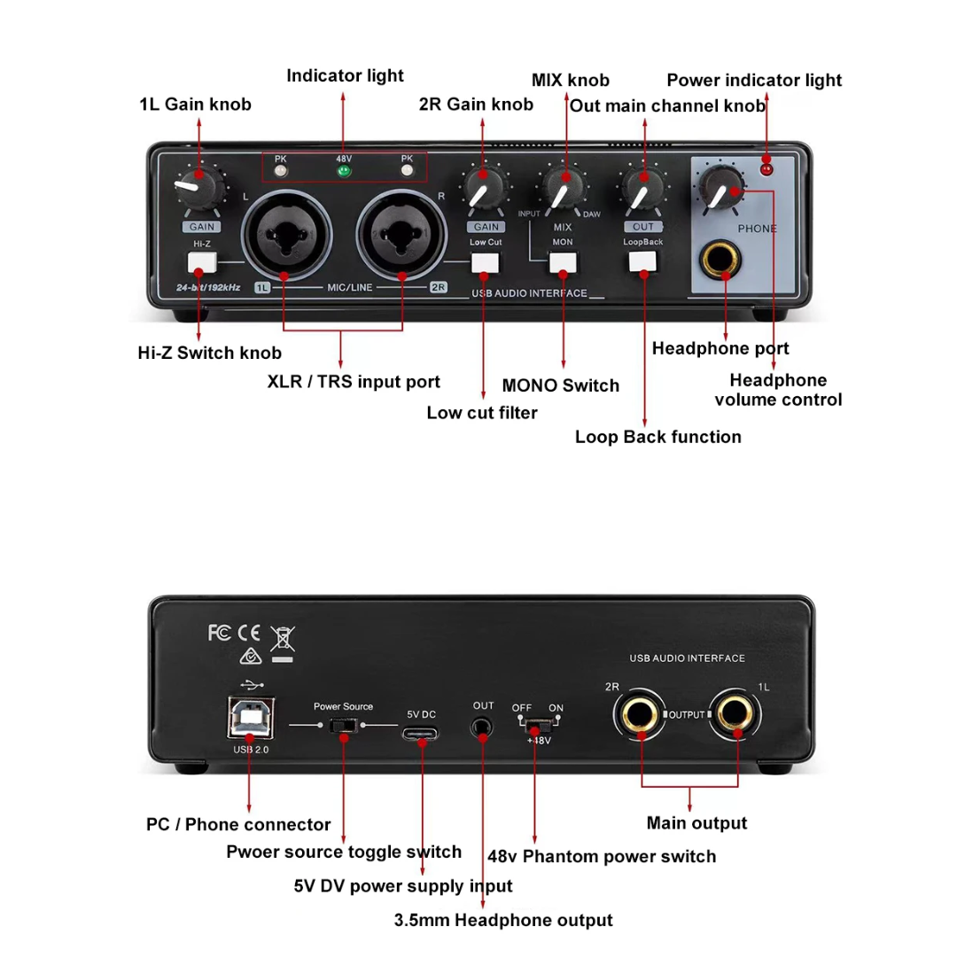 XTUGA M22D Factory OEM Professional Studio Metal Audio Interface 24-bit/192kHz 2 In/2 USB Audio Mixer