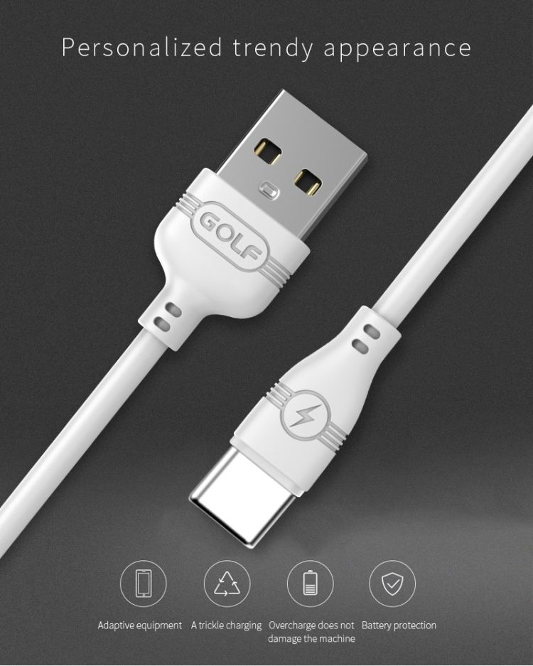 GC-63T Fast Charging Cable in white with USB and TypeC connectors for quick device charging