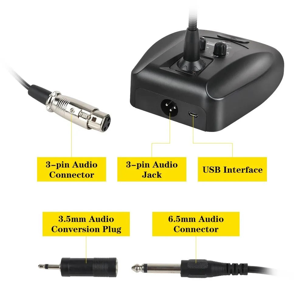Gooseneck conference microphone with reverb showcasing audio connectors and USB interface